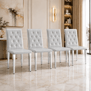 StnTalk Light Gray Dining Chairs Set of 4, Button Tufted Upholstered Faux Leather Dining Room Chairs with Silver Metal Legs, Modern Parsons Chairs for Kitchen and Dining Table, Easy Assembly