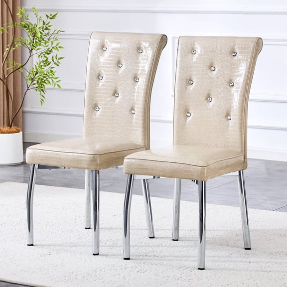 StnTalk Modern Dining Chairs Set of 2, Elegant Beige Textured Leather Kitchen Chairs with Crystal Buttons & Silver Metal Legs, 400lb Capacity Waterproof Side Chairs for Dining Room