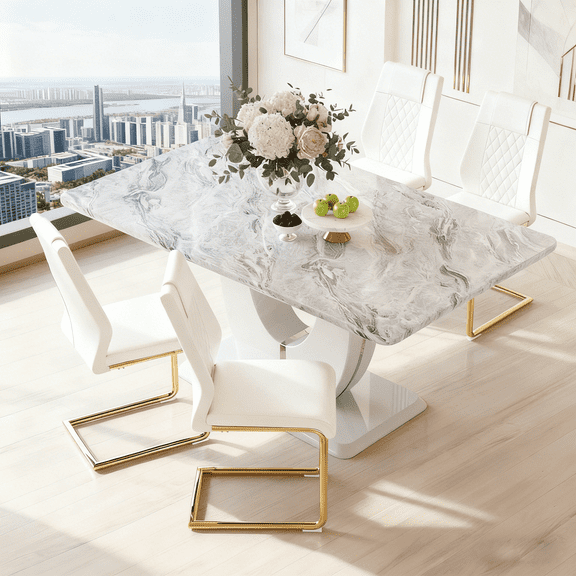StnTalk Modern Dining Table Set for 4, 63'' Rectangular Faux Marble MDF Table with PU Leather Dining Chairs, White Upholstered Chairs with Metal Legs, Kitchen & Dining Room Furniture Set