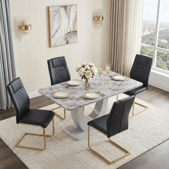 StnTalk Modern Dining Table Set for 4, 63'' Rectangular Faux Marble MDF Table with PU Leather Dining Chairs, White Upholstered Chairs with Metal Legs, Kitchen & Dining Room Furniture Set