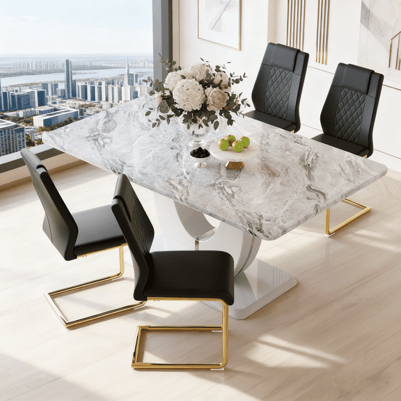StnTalk Modern Dining Table Set for 4, 63'' Rectangular Faux Marble MDF Table with PU Leather Dining Chairs, White Upholstered Chairs with Metal Legs, Kitchen & Dining Room Furniture Set