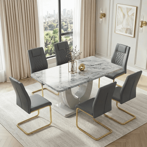 StnTalk Modern Dining Table Set for 6, 63'' Grey Faux Marble MDF Dining Table with 6 PU Leather Upholstered Chairs, Rectangle Dining Room Table Set, Easy Assembly