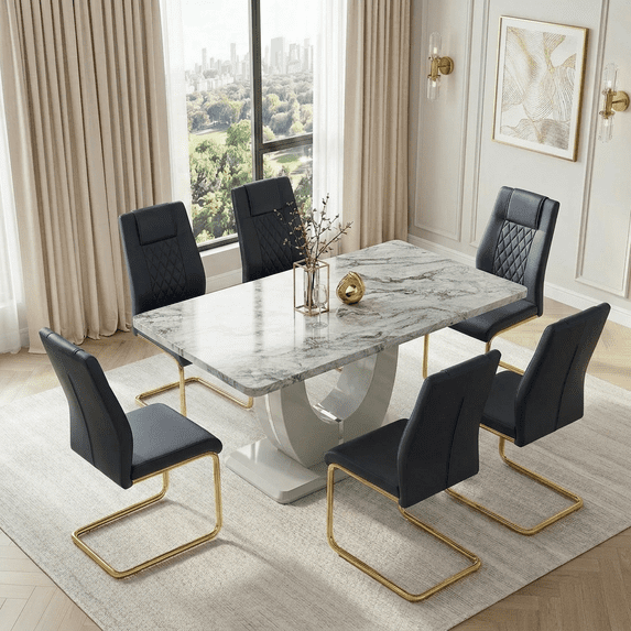 StnTalk Modern Dining Table Set for 6, 63'' Grey Faux Marble MDF Dining Table with 6 PU Leather Upholstered Chairs, Rectangle Dining Room Table Set, Easy Assembly
