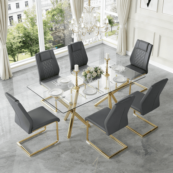 StnTalk Modern Dining Table Set for 6, 71" Glass Dining Table Top and Gold Metal Table Legs, Rectangle Dining Tables with 6 Gray Upholstered Dining Chairs for Dining Room and Kitchen.