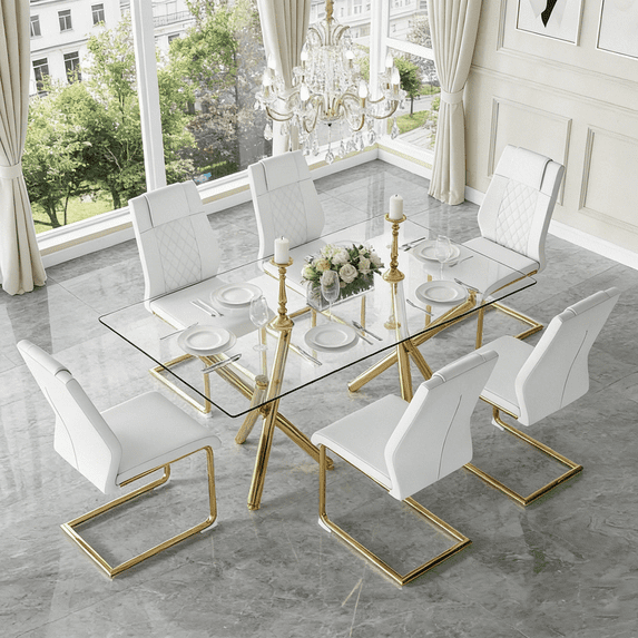StnTalk Modern Dining Table Set for 6, 71" Glass Dining Table Top and Gold Metal Table Legs, Rectangle Dining Tables with 6 White Upholstered Dining Chairs for Dining Room and Kitchen.