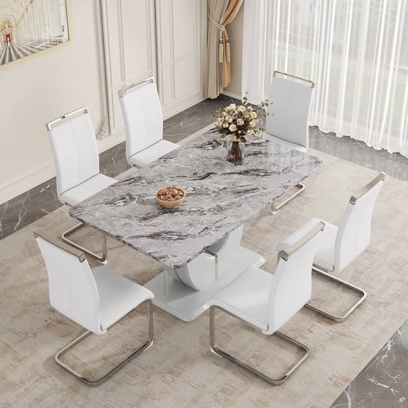 StnTalk Modern Dining Table Set for 6, Faux Marble Dining Room Table Set with 6 PU Leather Cantilever Dining Chairs, Rectangular Kitchen Table Set for 6 with MDF Marble Top and Chrome Base
