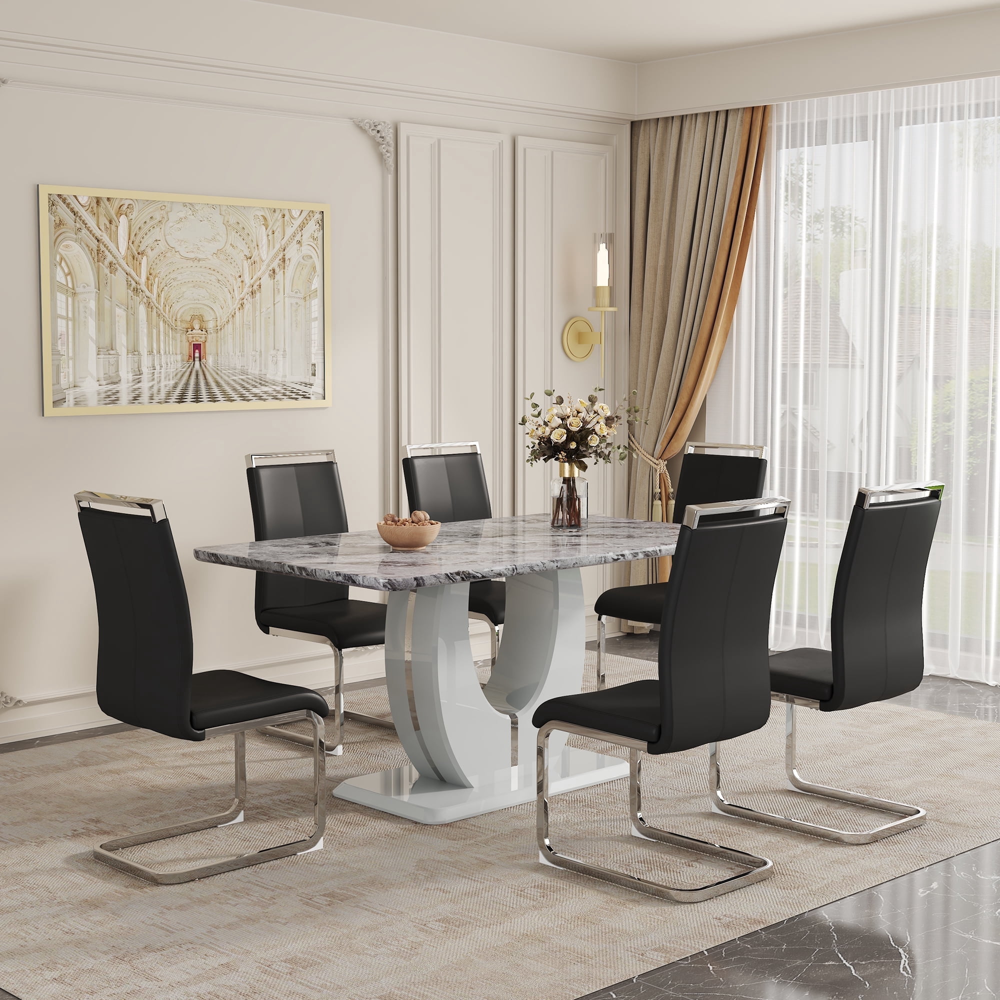 StnTalk Modern Dining Table Set for 6, Faux Marble Dining Room Table ...