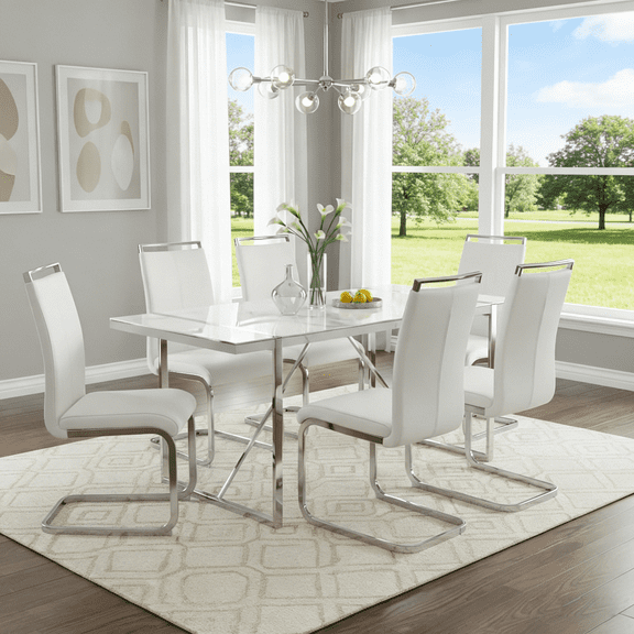 StnTalk Modern Dining Table Set for 6, Rectangular Kitchen & Dining Room Table with 6 White PU Leather Chairs, MDF Table with Metal Legs for Home Apartment