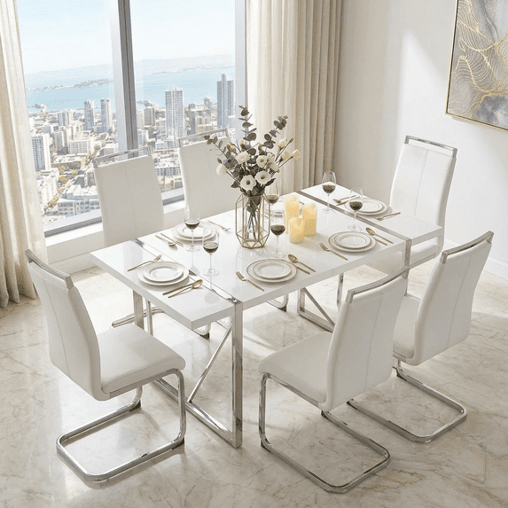 StnTalk Modern Dining Table Set for 6, Rectangular Kitchen & Dining Room Table with 6 White PU Leather Chairs, MDF Table with Metal Legs for Home Apartment
