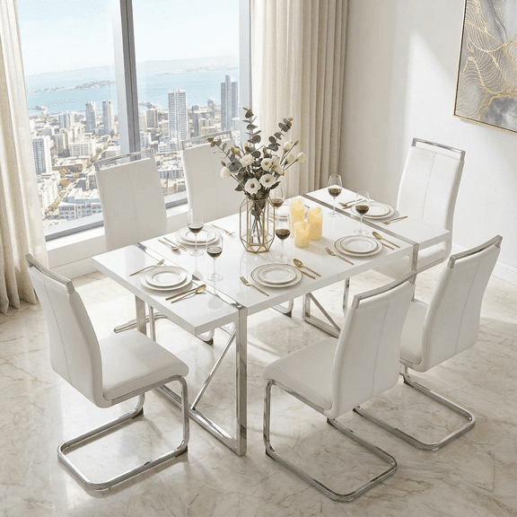 StnTalk Modern Dining Table Set for 6, Rectangular Kitchen & Dining Room Table with 6 White PU Leather Chairs, MDF Table with Metal Legs for Home Apartment
