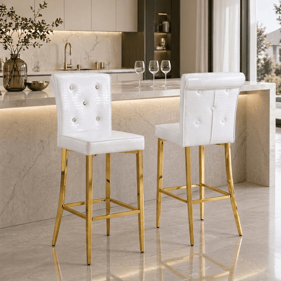 StnTalk Set of 2 White Bar Stools with Gold Metal Legs, Stable PVC Leather Counter Chairs with Leveling Pads, 300lb Capacity Waterproof Stools for Kitchen Island
