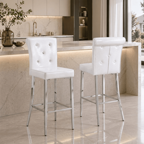 StnTalk Set of 2 White Bar Stools with Silver Metal Legs, Stable PVC Leather Counter Chairs with Leveling Pads, 300lb Capacity Waterproof Stools for Kitchen Island