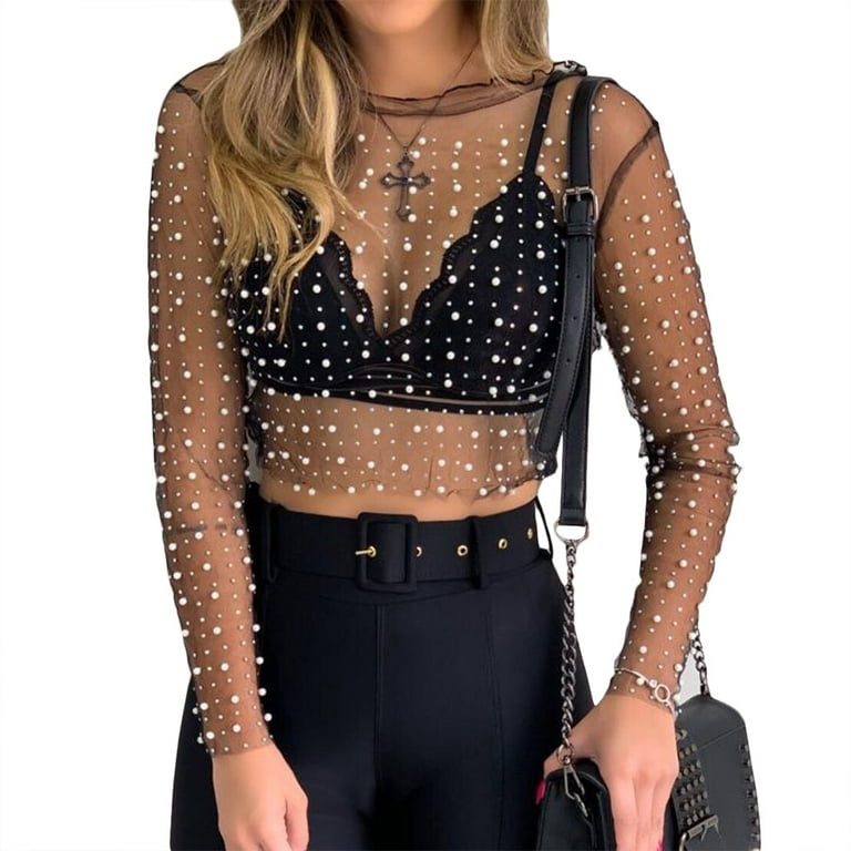 StoBays Women Long Sleeve Sheer Mesh Crop Top Pearls