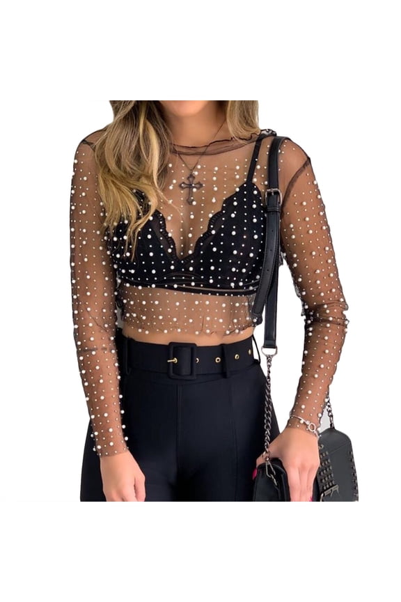 StoBays Women Long Sleeve Sheer Mesh Crop Top Pearls Rhinestone Cover Up Shirt Blouse