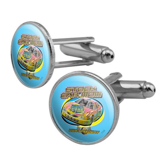 Stock Car Racing Mom USA Speedway Garage Round Cufflink Set Silver Color