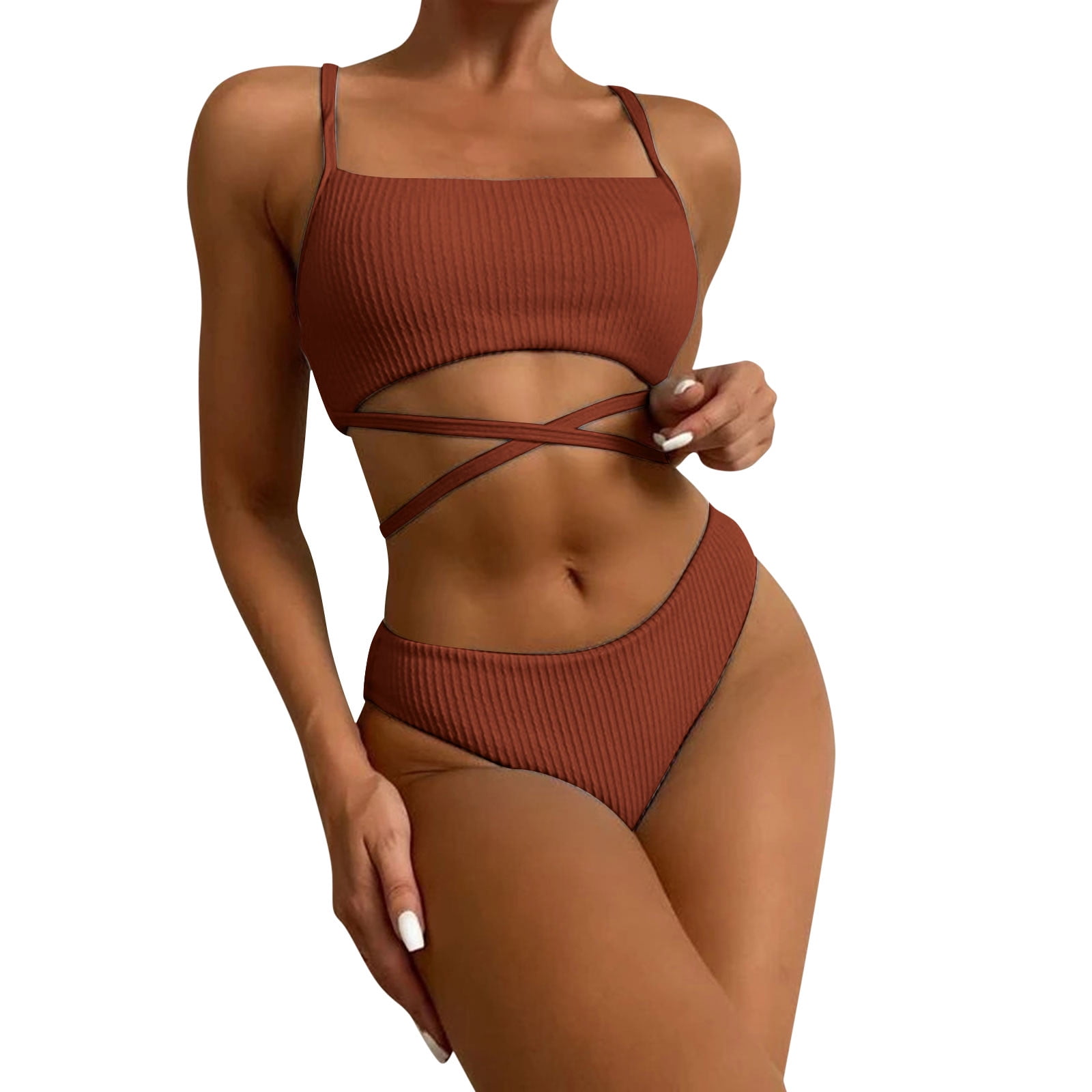 Women's Solid Color Bandage Bikini Set with Underwire Bra Support,  Two-Piece Swimwear for Beach Swimming