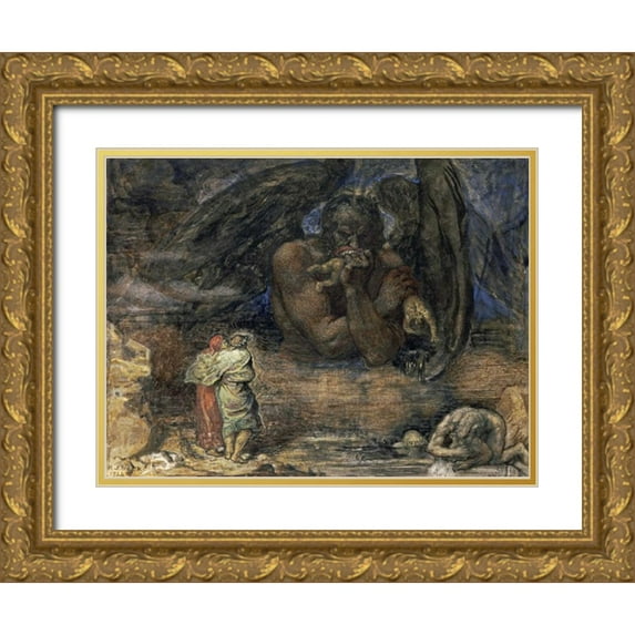 Stock, Henry John 18x15 Gold Ornate Wood Framed with Double Matting Museum Art Print Titled - Dante and Virgil Encounter Lucifer In Hell
