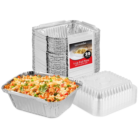 Stock Your Home 1 Lb Small Aluminum Pans with Lids (25 Pack) Foil Pans + Clear Plastic Lids, Disposable Cookware, Takeout Trays with Lids - To Go Disposable Food Containers for Restaurants & Catering