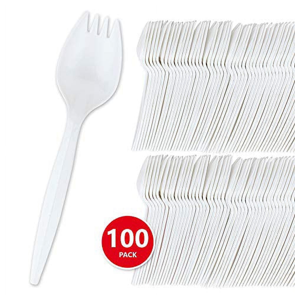 Stock Your Home 100 Disposable Sporks, White Plastic Sporks Kid Safe 2 in 1 Utensils Fork Spoon Perfect for School Lunch, Picnics, Catered Events, Restaurants and Kids Birthday Parties
