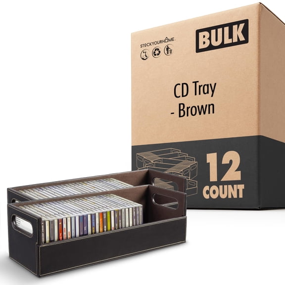 Stock Your Home 12- Pack CD Storage Box, Organizer Shelf for Movie Cases, DVDs, Cassette Tape Display Stand, Disc Holder Can Store Up to 40 CDs, Faux Leather (Brown)