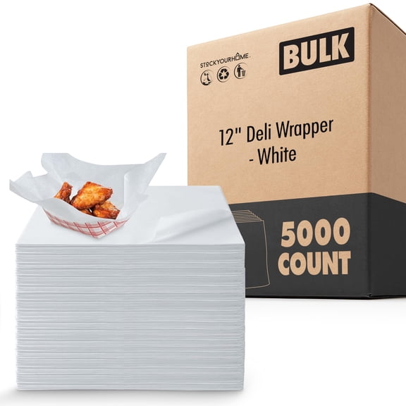 Stock Your Home 12 x 12 Grease Proof Deli Wrapper (5000 Pack), Pre Cut Natural Wax Paper Sheets, Recyclable Food Basket Liners for Sandwiches and Trays