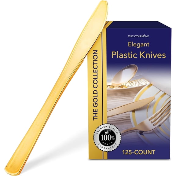 Stock Your Home 1500 Disposable Heavy Duty Plastic Knives, Fancy Plastic Silverware Looks Like Real Cutlery - Utensils Perfect for Catering Events, Restaurants, Parties and Weddings (Gold)