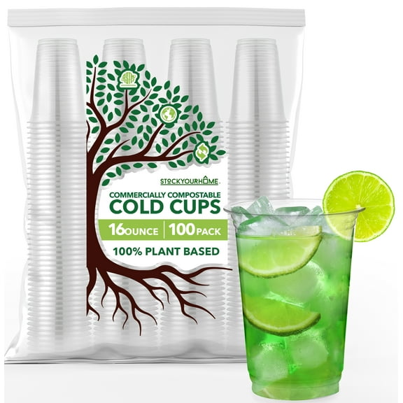 Stock Your Home 16 oz Clear Commercially Compostable Cold Cups (50 Pack) Plant Based Eco Party Cup, Environmentally Friendly Recyclable Disposable Sustainable for Water, Wine & Beer Sample