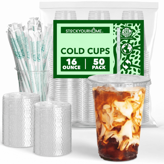 Stock Your Home 16 oz Clear PLA Cold Cups 50 Pack Disposable Party Cups for Water Iced Coffee Soda Beer Wine Sample Cups