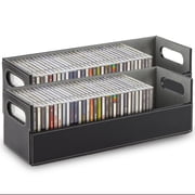 Stock Your Home 2- Pack CD Storage Box, Organizer Shelf for Movie Cases, DVDs, Cassette Tape Display Stand, Disc Holder Can Store Up to 40 CDs, Faux Leather Black with Gray Interior