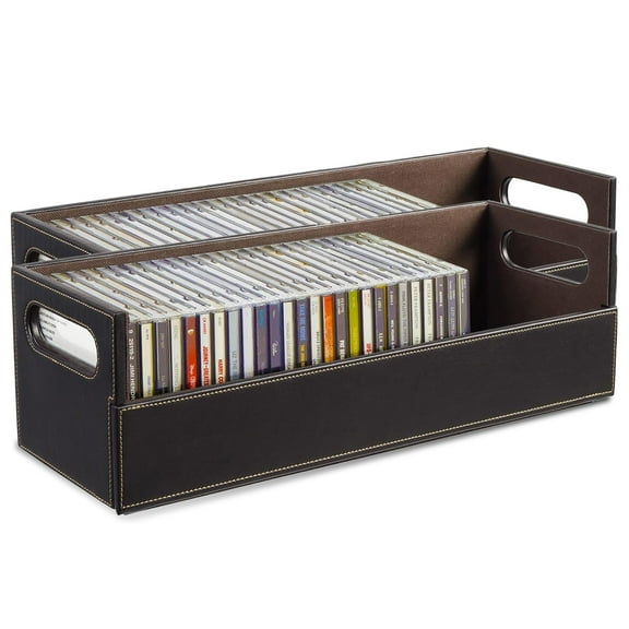 Stock Your Home 2- Pack CD Storage Box, Organizer Shelf for Movie Cases, DVDs, Cassette Tape Display Stand, Disc Holder Can Store Up to 40 CDs, Faux Leather (Brown)