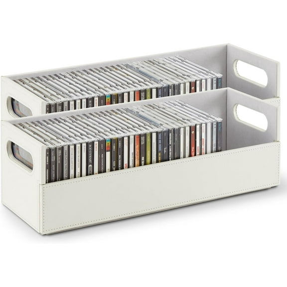 Stock Your Home 2- Pack CD Storage Box, Organizer Shelf for Movie Cases, DVDs, Cassette Tape Display Stand, Disc Holder Can Store Up to 40 CDs, Faux Leather (White with White Interior)