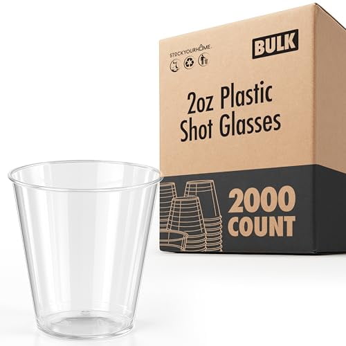 Stock Your Home 2 oz Shot Glasses - 2000 Mini Plastic Shot Glasses (2oz) Clear Disposable Cups for Jello Shots, Wine Tasting, Liquor, Whiskey, Pudding, Sample Cup for Halloween and Elegant Parties