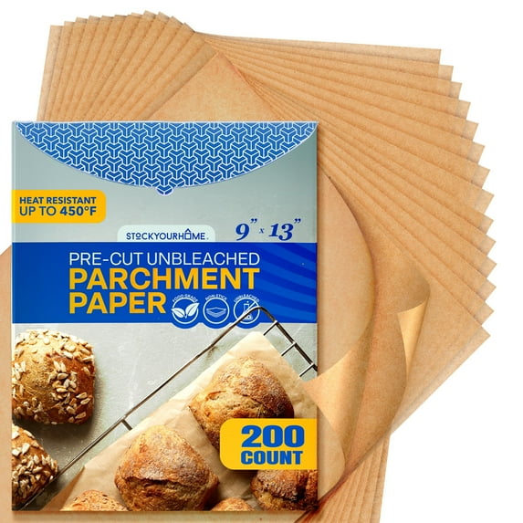 Stock Your Home 200 Ct Unbleached Parchment Paper Sheets, Pre Cut Parchment Paper Sheets for Baking, Air fryer Sheets & Oven Liners FOr cookies, Bread, meat, Pizza (9x13”)