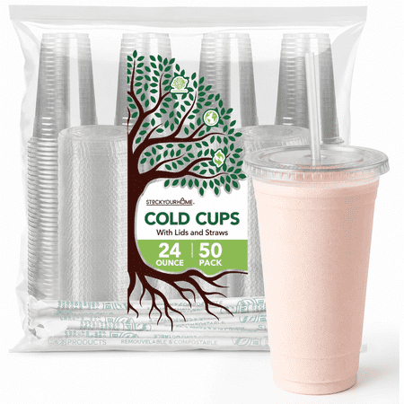 Stock Your Home 24 oz Clear PLA Cold Cups with Lids and Straws 50 Pack Disposable Party Cups