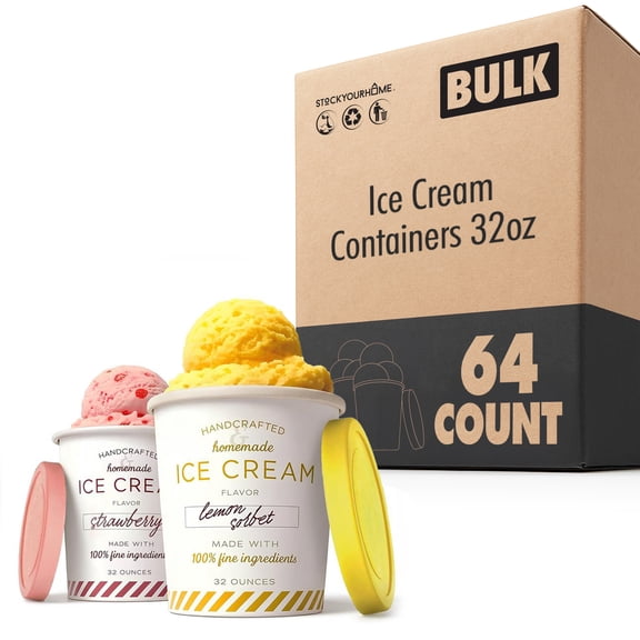 Stock Your Home 32oz Ice Cream Containers with Airtight Silicone Lids (64-Pack) Reusable 2 Pint Ice Cream Container for Storing Gelato, Sorbet, and Frozen Yogurt