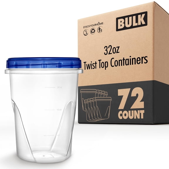 Stock Your Home 32oz Plastic Containers with Twist Top Lids 72 Pack Quart Freezer Containers for Leftovers Reusable Soup Storage Microwave and Dishwasher Safe