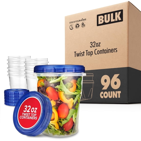 Stock Your Home 32oz Plastic Containers with Twist Top Lids (96 Pack) Quart Freezer Containers for Leftovers, Airtight Reusable Soup Storage, Microwave & Dishwasher Safe