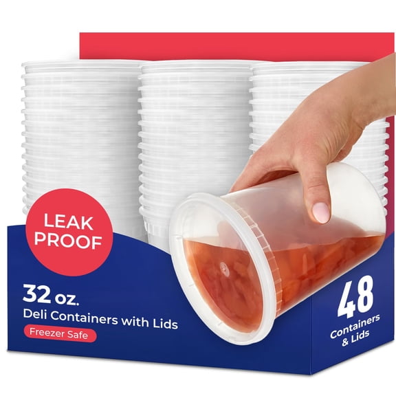 Stock Your Home 32oz Plastic Deli Containers with Lids (48 Pack), Disposable Plastic Food Storage Containers with Lids, Reusable Freezer Containers, To Go Soup Containers with Lids, Microwave Safe