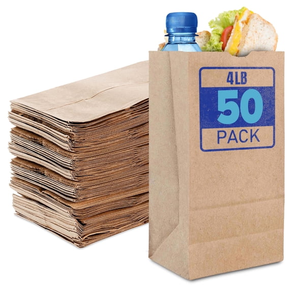 Stock Your Home 4 lb Kraft Brown Paper Lunch Bags (50 Count) Bulk Disposable Lunch Sacks, Small Blank Bags for Snacks, Sandwiches, Grocery Food, and Arts & Crafts Projects