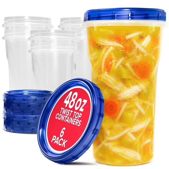 Stock Your Home 48oz Plastic Containers with Twist Top Lids (6 Pack), 1.5 Quart Freezer Containers with Lids for Leftover Food, Airtight Reusable Soup Containers, Microwave and Dishwasher Safe