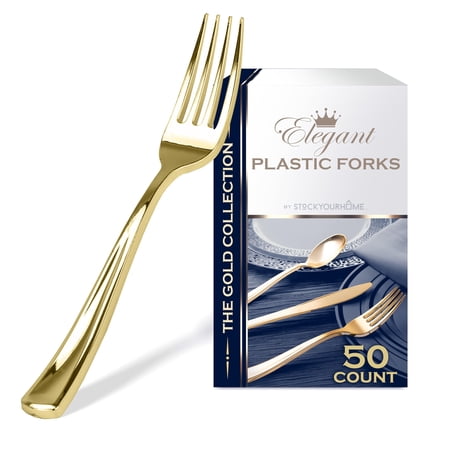 Stock Your Home 50 Disposable Heavy Duty Plastic Forks, Fancy Plastic Silverware Looks Like Real Cutlery - Utensils Perfect for Catering Events, Restaurants, Parties and Weddings (Gold)