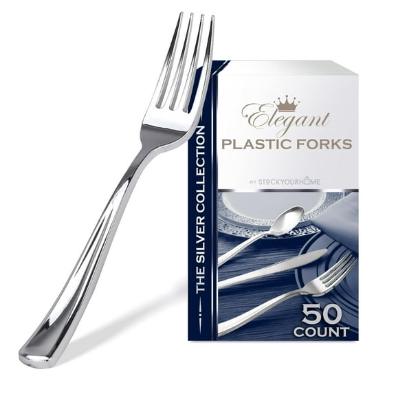Stock Your Home 50 Disposable Heavy Duty Plastic Forks, Fancy Plastic Silverware Looks Like Real Cutlery - Utensils Perfect for Catering Events, Restaurants, Parties and Weddings (Silver)