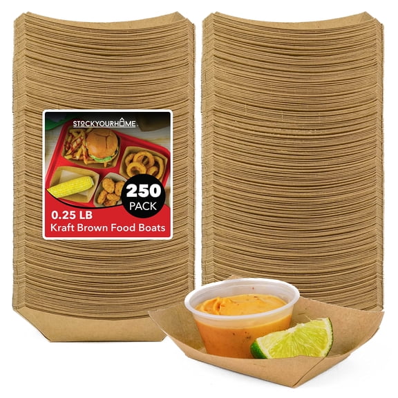 Stock Your Home [500 Pack] Mini Disposable Brown Kraft Paper Food Trays, 0.25-Lb Concession Tray, Serving Boats for Party Snacks, Taco Bar, Seafood, Nachos Plates, Quarter-Pound