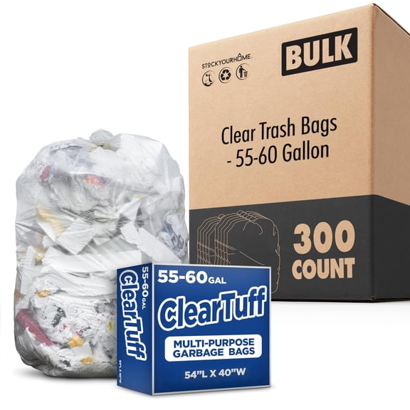 Stock Your Home 55-60 Gallon Clear Trash Bags (300 Pack)  Disposable Leak-Resistant Garbage Can Liners for Office, Bathroom, Deli, Produce, Dog Poop, Cat Litter