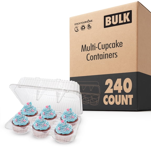 Stock Your Home 6-Compartment Plastic Cupcake Containers Disposable (240 Count) Clear Container with Connected Dome Lid, BPA Free, For Standard Sized Cupcakes