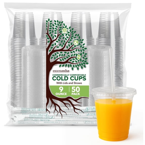 Stock Your Home 9 oz Clear Commercially Compostable Cups with Lids and Straws (Set of 50) Cold Cups, Eco Party Cup, Environmentally Friendly Recyclable Disposable Sustainable