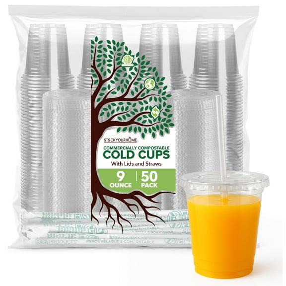 Stock Your Home 9 oz Clear Commercially Compostable Cups with Lids and Straws (Set of 50) Plant Based Cold Cups, Eco Party Cup, Environmentally Friendly Recyclable Disposable Sustainable