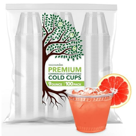 Stock Your Home 9 oz Premium Commercially Compostable Cold Cups (100 Pack) Plant Based Eco Party Cup Environmentally Friendly Recyclable Disposable Sustainable for Water, Wine, Beer Sample