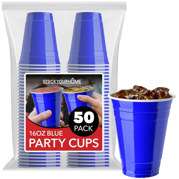 Stock Your Home Blue Plastic Cups Disposable, 16oz (50 Count) Heavy-Duty, Large Party Cup Pack Bulk Pack for Drinking Punch, Soda, Wine, Beer, 4th of July, Halloween