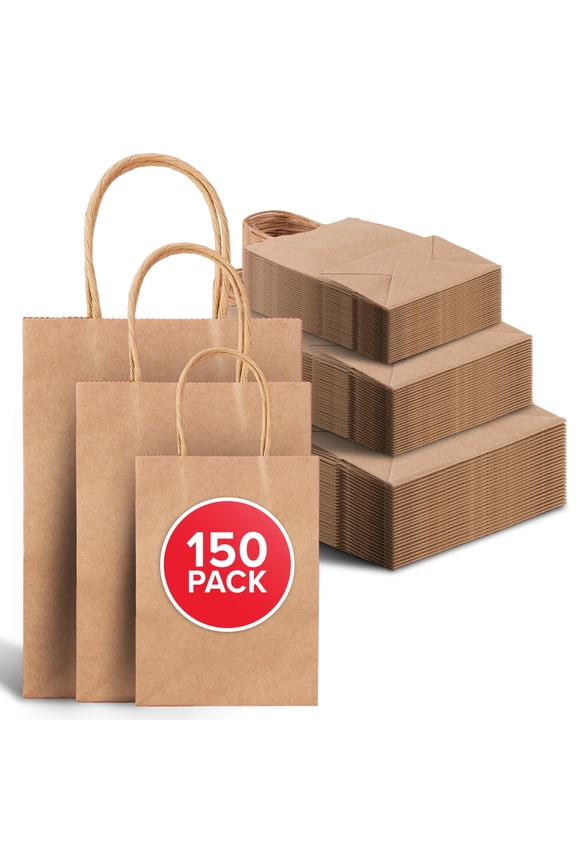 Brown Kraft Paper Bags with Handles Variety Pack (150 Count), Recycled Paper Bags for Small Business Owners, Crafts, Christmas Gifts, and More, Brown Paper Bags with Handles Bulk Pack